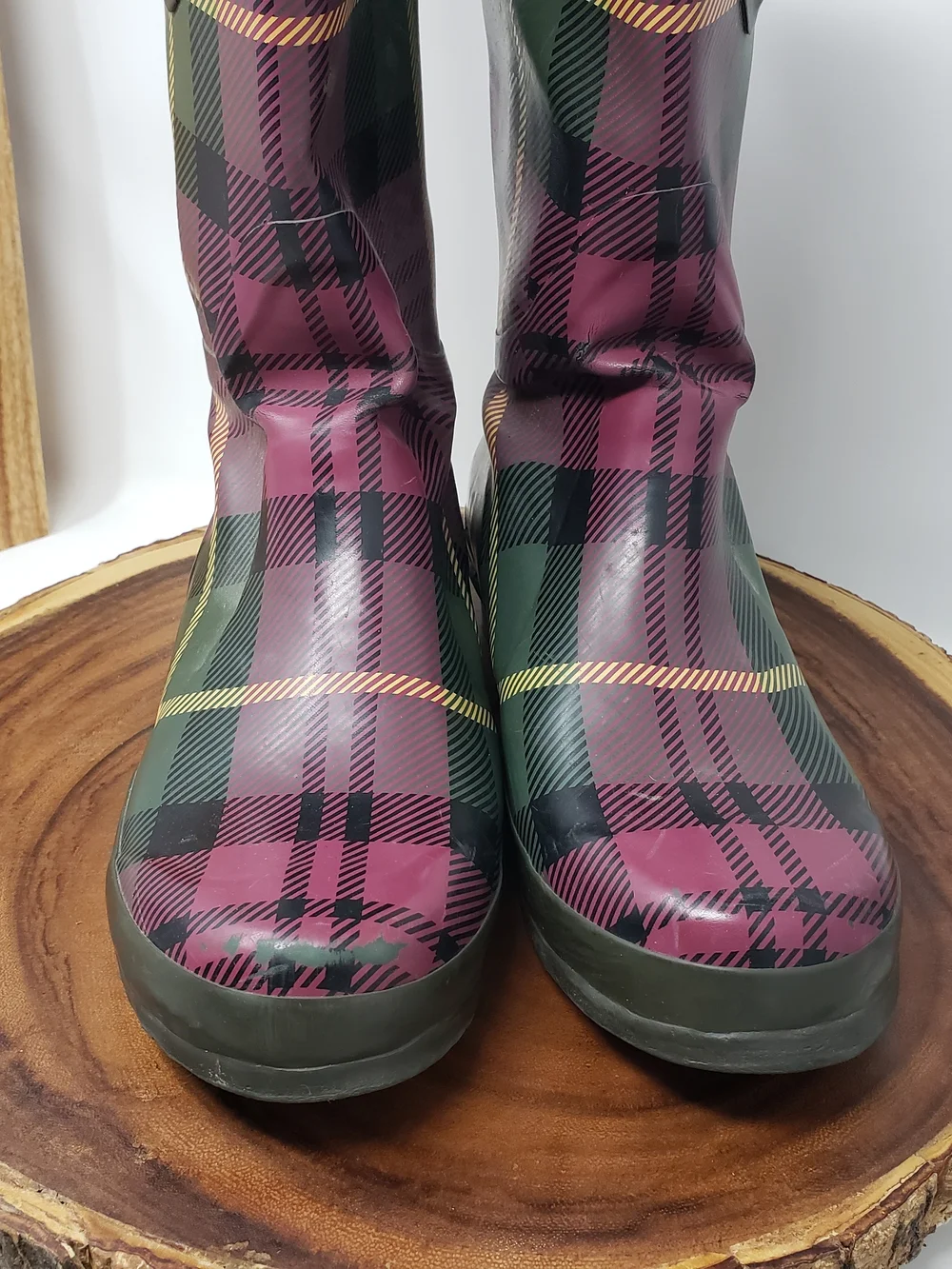 L.L. Bean Burgundy and Green Plaid Rain Boots